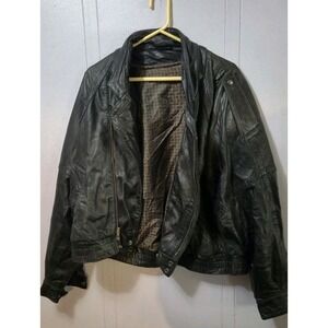 Vintage Black Leather Motorcycle Jacket 80s Cropped Biker Style Zip Pockets